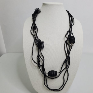 Black Beaded Necklace Multi Strand Ribbon Wrap Sta‎